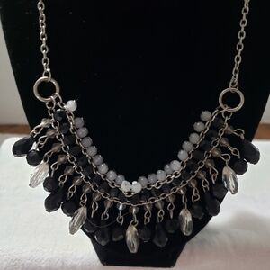 Gorgeous Black, Clear, and White Beaded Silvertone Necklace with Earrings